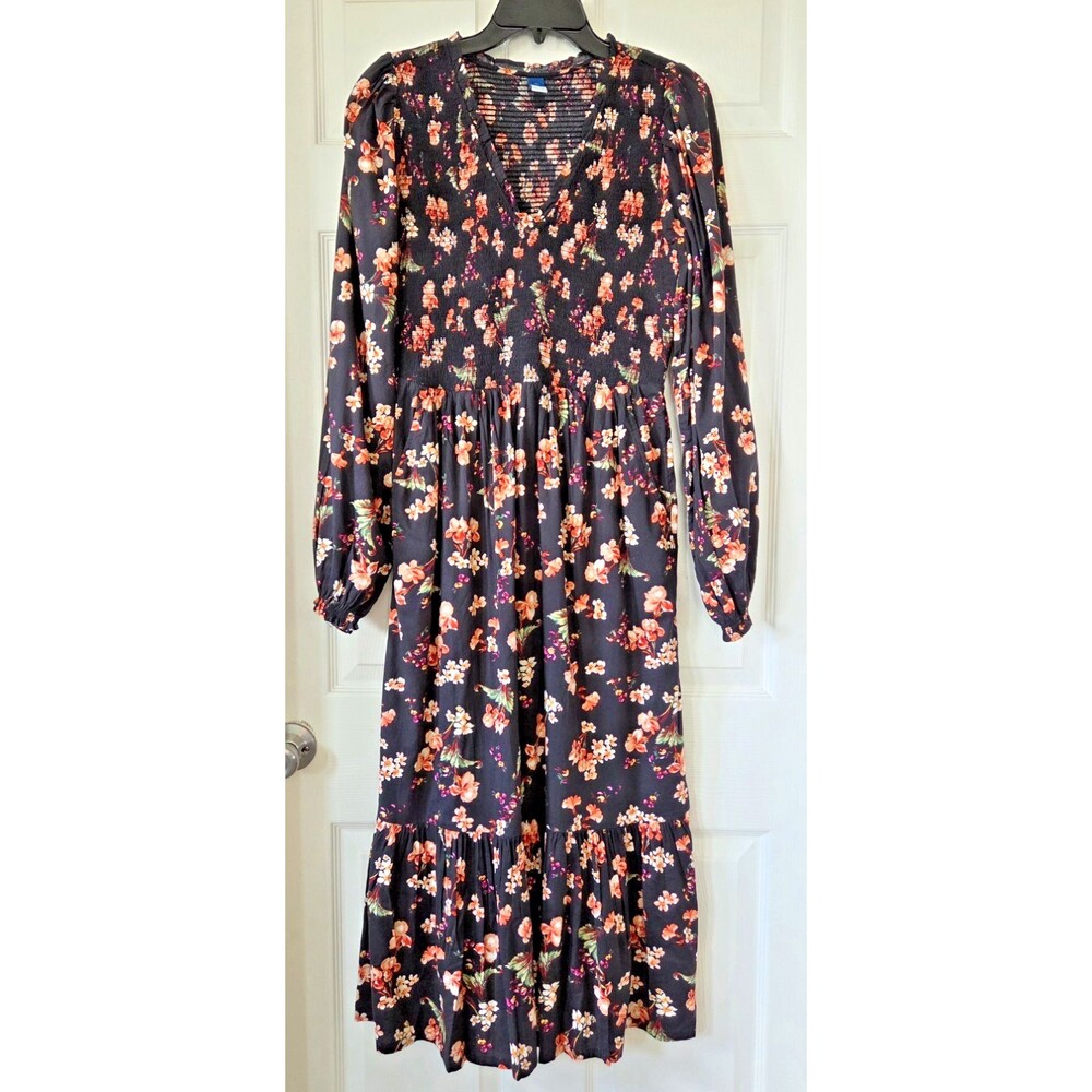 OLD NAVY Black Floral Smocked Midi Dress Long Puff Sleeves Peasant Size M TALL